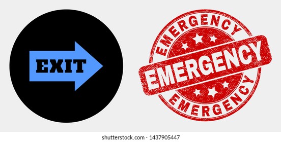 Rounded exit arrow icon and Emergency seal. Red rounded grunge seal with Emergency text. Blue exit arrow icon on black circle. Vector composition for exit arrow in flat style.