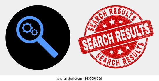 Rounded explore gears icon and Search Results seal. Red rounded scratched seal stamp with Search Results text. Blue explore gears icon on black circle.