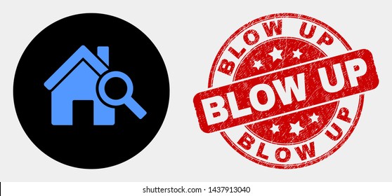 Rounded explore realty icon and Blow Up stamp. Red rounded textured stamp with Blow Up text. Blue explore realty icon on black circle. Vector composition for explore realty in flat style.