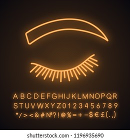 Rounded eyebrow shape neon light icon. Arched eyebrows. Brows shaping by tattooing. Closed woman eye. Glowing sign with alphabet, numbers and symbols. Vector isolated illustration