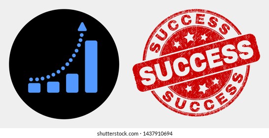 Rounded fast growing trend icon and Success seal stamp. Red rounded grunge seal with Success caption. Blue fast growing trend icon on black circle.