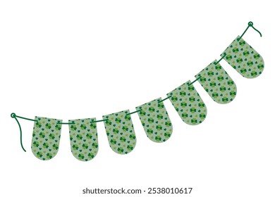 Rounded Festive Pennant garland on rope with quatrefoil clover and hearts in trendy monochrome green