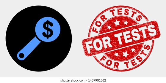 Rounded financial audit icon and For Tests stamp. Red rounded distress stamp with For Tests text. Blue financial audit icon on black circle. Vector combination for financial audit in flat style.