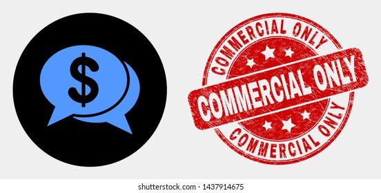 Rounded financial chat messages icon and Commercial Only watermark. Red rounded distress watermark with Commercial Only caption. Blue financial chat messages icon on black circle.