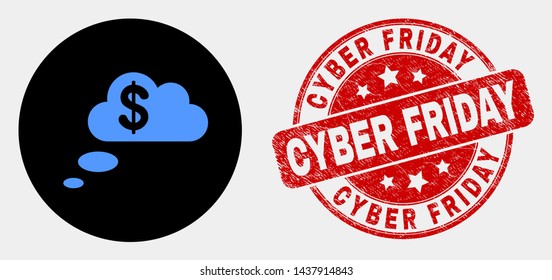 Rounded financial dream clouds icon and Cyber Friday seal stamp. Red rounded grunge seal with Cyber Friday caption. Blue financial dream clouds icon on black circle.