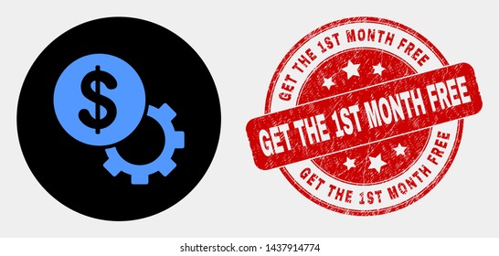 Rounded financial options gear icon and Get the 1St Month Free watermark. Red rounded scratched stamp with Get the 1St Month Free caption. Blue financial options gear icon on black circle.