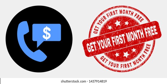 Rounded financial phone message icon and Get Your First Month Free seal. Red round grunge seal with Get Your First Month Free text. Blue financial phone message icon on black circle.