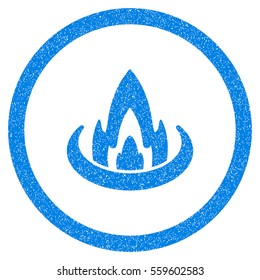 Rounded Fire Location rubber seal stamp watermark. Icon symbol inside circle with grunge design and scratched texture. Unclean vector blue sign.