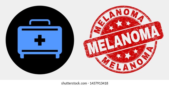 Rounded first aid case icon and Melanoma seal stamp. Red rounded scratched seal with Melanoma caption. Blue first aid case icon on black circle. Vector combination for first aid case in flat style.