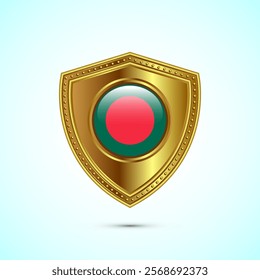 Rounded flag of Bangladesh with glossy gold shield