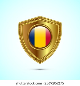 Rounded flag of Chad with glossy gold shield