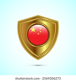 Rounded flag of China with glossy gold shield