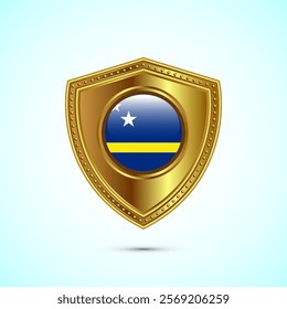 Rounded flag of Curacao with glossy gold shield