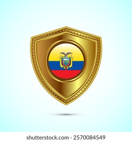 Rounded flag of Ecuador with glossy gold shield