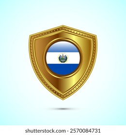 Rounded flag of El Salvador with glossy gold shield