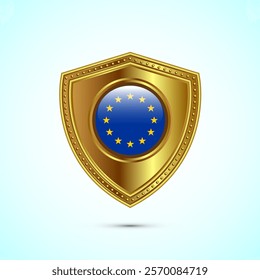 Rounded flag of European Union with glossy gold shield