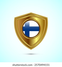 Rounded flag of Finland with glossy gold shield