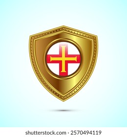 Rounded flag of Guernsey with glossy gold shield