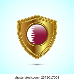 Rounded flag of Qatar with glossy gold shield