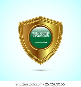 Rounded flag of Saudi Arabia with glossy gold shield