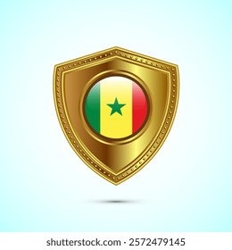 Rounded flag of Senegal with glossy gold shield