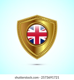 Rounded flag of United Kingdom with glossy gold shield