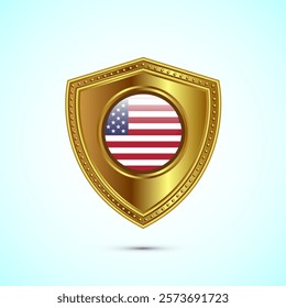 Rounded flag of United States with glossy gold shield