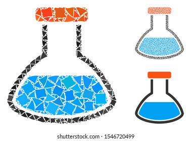 Rounded flask composition of rugged elements in variable sizes and color tinges, based on rounded flask icon. Vector humpy elements are combined into collage.