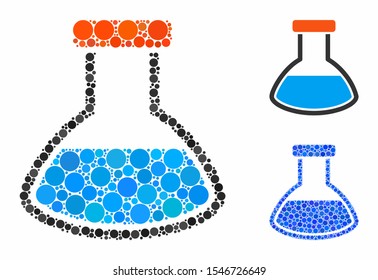 Rounded flask mosaic of small circles in different sizes and color tints, based on rounded flask icon. Vector small circles are united into blue composition.