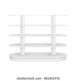 Rounded Floor Display Rack For Supermarket Empty With Shelves. 3D. Front View. Mock Up, Template. Illustration Isolated On White Background. Ready For Your Design. Product Advertising. Vector EPS10