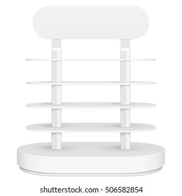 Bandeja De Pantalla Del Suelo Rodeado Para Supermercado Vacío Con Estantes.3D. Vista frontal. Maquetea, Plantilla. Ilustración Aislada En Fondo Blanco. Listo Para Su Diseño. Publicidad de producto. Vector EPS10