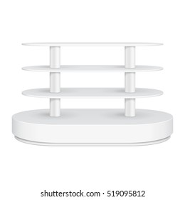 Rounded Floor Display Rack For Supermarket Empty With Shelves. 3D. Front View. Mock Up, Template. Illustration Isolated On White Background. Ready For Your Design. Product Advertising. Vector EPS10