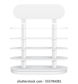 Rounded Floor Display Rack For Supermarket Empty With Shelves. 3D. Front View. Mock Up, Template. Illustration Isolated On White Background. Ready For Your Design. Product Advertising. Vector EPS10