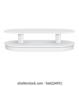 Rounded Floor Display Rack For Supermarket Empty With Shelves. 3D. Front View. Mock Up, Template. Illustration Isolated On White Background. Ready For Your Design. Product Advertising. Vector EPS10