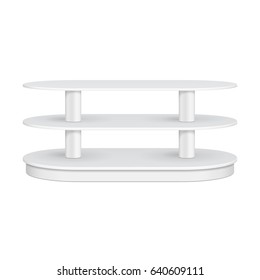 Rounded Floor Display Rack For Supermarket Empty With Shelves. 3D. Front View. Mock Up, Template. Illustration Isolated On White Background. Ready For Your Design. Product Advertising. Vector EPS10
