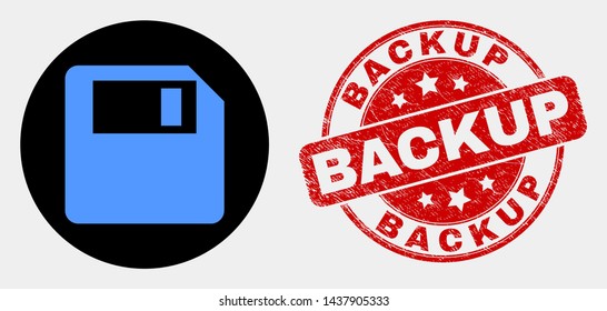 Rounded floppy disk icon and Backup seal stamp. Red rounded grunge watermark with Backup caption. Blue floppy disk icon on black circle. Vector combination for floppy disk in flat style.