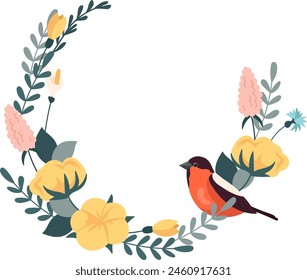 Rounded Flower Frame With Bird Vector Illustration