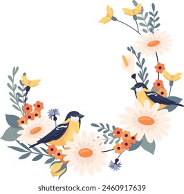 Rounded Flower Frame With Bird Vector Illustration