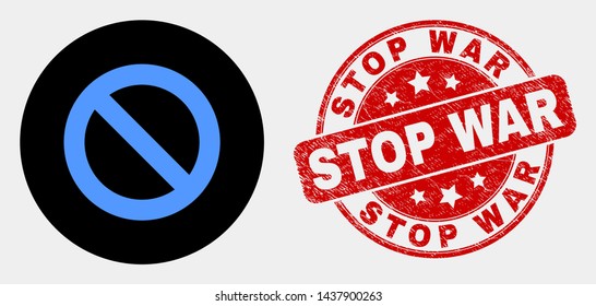 Rounded forbidden icon and Stop War watermark. Red rounded distress watermark with Stop War text. Blue forbidden icon on black circle. Vector combination for forbidden in flat style.