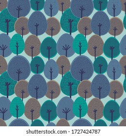 Rounded forest trees with textured fill. Vector repeat. Great for home decor, wrapping, scrapbooking, wallpaper, gift, kids, apparel. 