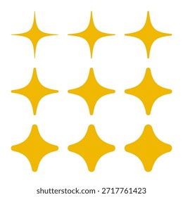 Formas de estrela dourada de quatro pontas arredondadas. Um conjunto mínimo de símbolos de brilho com pontos redondos. Isolado em um fundo branco.