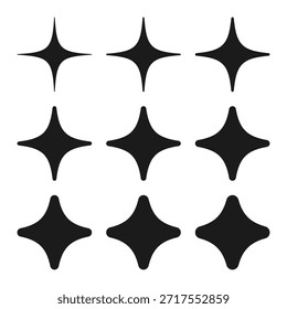 Abgerundete Symbole für Sterne. Ein Satz schwarzer minimaler Glitzersymbole mit runden Punkten. Einzeln auf weißem Hintergrund.