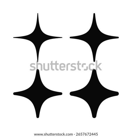 Rounded four-point stars icon set. A collection of black minimal star symbols with round points. Isolated on a white background.