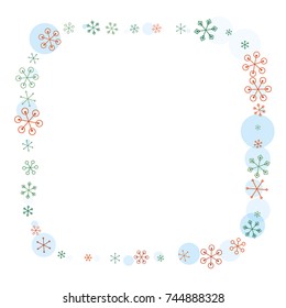 Rounded frame or border Christmas background with random scatter falling colorful snowflakes and blue polka dots isolated on white.