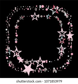 Rounded frame or border Christmas colorful stars confetti falling, isolated on black. Magic shining flying stars and glitter dots sparkle cosmic backdrop