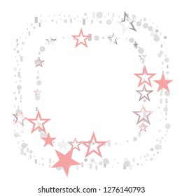 Rounded frame or border Christmas silver and pink stars confetti falling, isolated on white. Magic shining flying stars and glitter dots sparkle cosmic backdrop