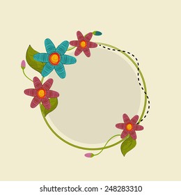 Rounded frame decorated with flowers and leaves in kiddish way with space for your message.