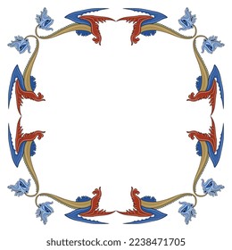 Rounded frame with fantastic medieval winged dragons. Gothic illuminated manuscript design. Isolated vector illustration.