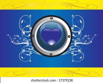 rounded frame with heart logo on floral blue background, illustration