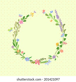 Rounded frame stylized with flowers, leaves and butterflies. Background and frame are on separate layers.